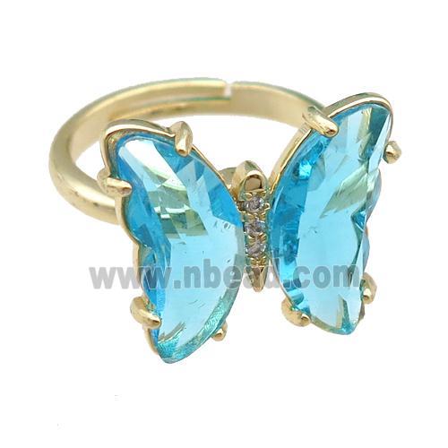 aqua Crystal Glass Butterfly Spinner Rings, adjustable, gold plated