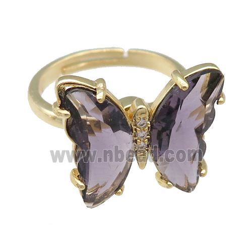 purple Crystal Glass Butterfly Spinner Rings, adjustable, gold plated