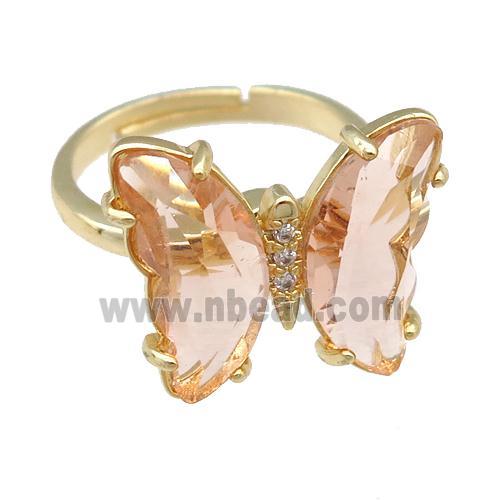 peach Crystal Glass Butterfly Spinner Rings, adjustable, gold plated