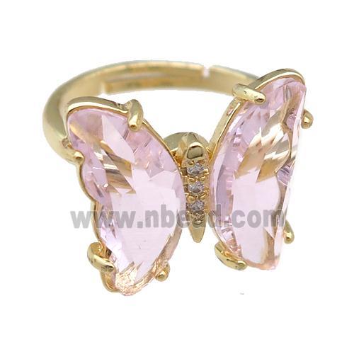 lt.pink Crystal Glass Butterfly Spinner Rings, adjustable, gold plated