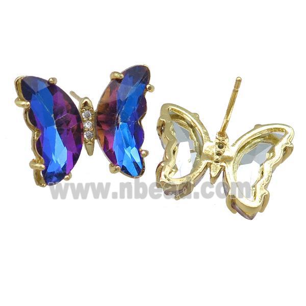 darkblue Crystal Glass Butterfly Stud Earrings, gold plated