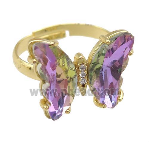 mauve Crystal Glass Butterfly Rings, gold plated
