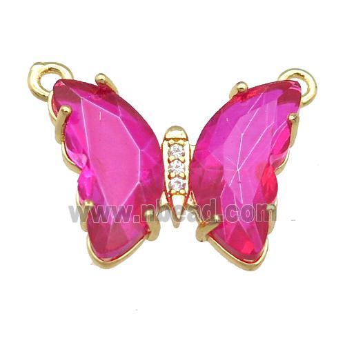hotpink Crystal Glass Butterfly Pendant with 2loops, gold plated