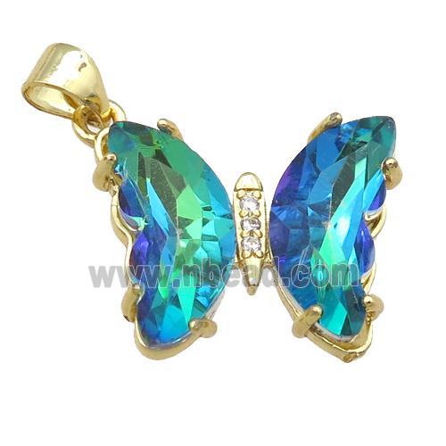 bluegreen Crystal Glass Butterfly Pendant, gold plated