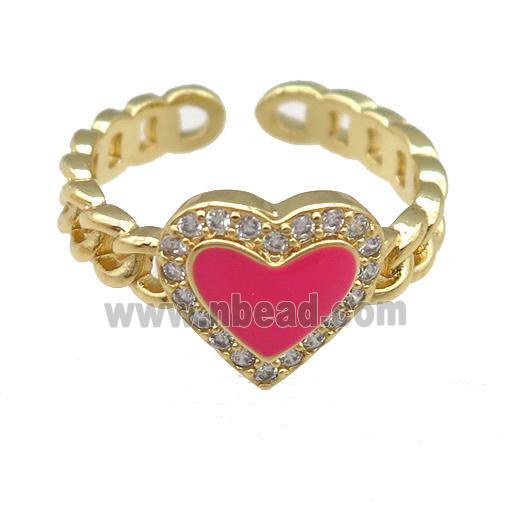 copper Rings with pink enamel heart, adjustable, gold plated