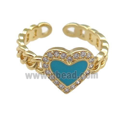 copper Rings with blue enamel heart, adjustable, gold plated