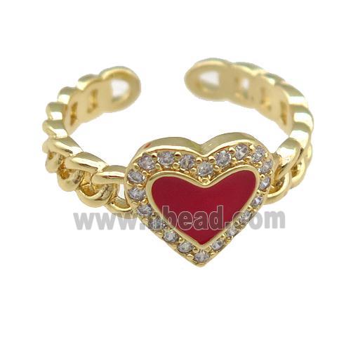 copper Rings with red enamel heart, adjustable, gold plated