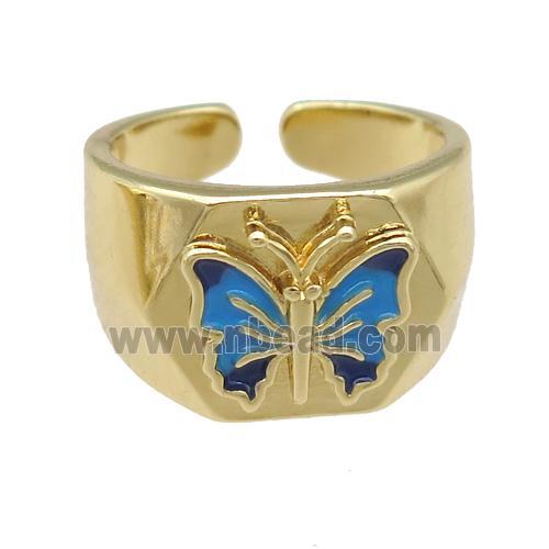 copper Rings with enamel butterfly, adjustable, gold plated