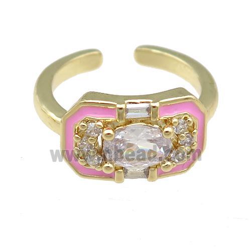 copper Rings pave zircon with pink enamel, gold plated, adjustable
