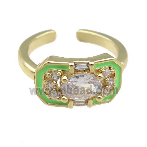 copper Rings pave zircon with green enamel, gold plated, adjustable