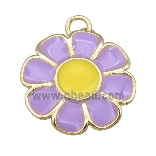 copper Sunflower pendant with lavender enamel, gold plated