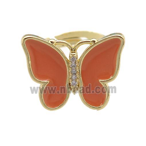 copper butterfly Rings with orange enamel, adjustable, gold plated