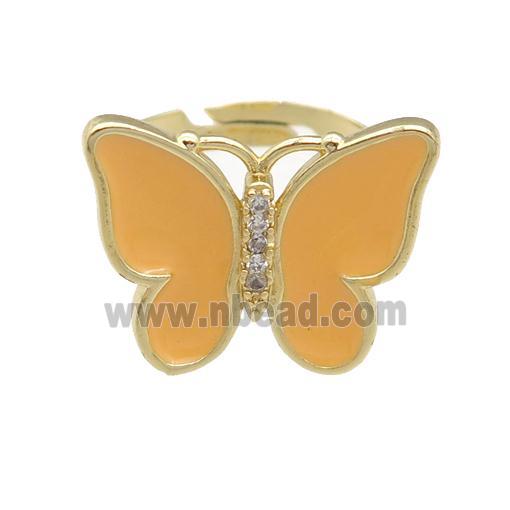 copper butterfly Rings with peach enamel, adjustable, gold plated