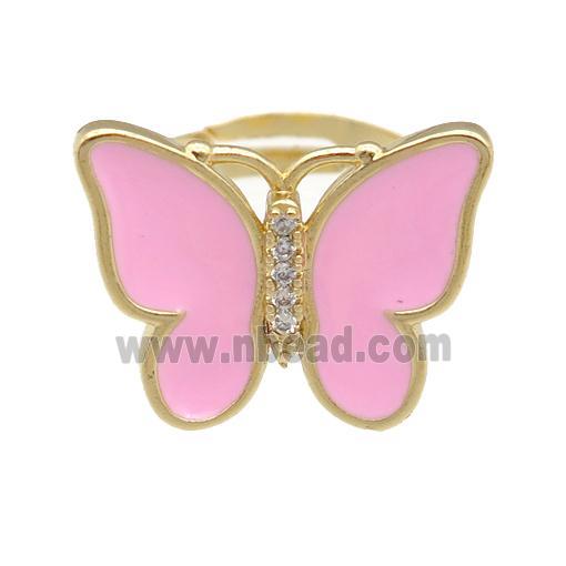 copper butterfly Rings with pink enamel, adjustable, gold plated