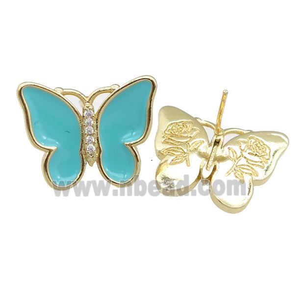 copper butterfly Stud Earring with teal enamel, gold plated