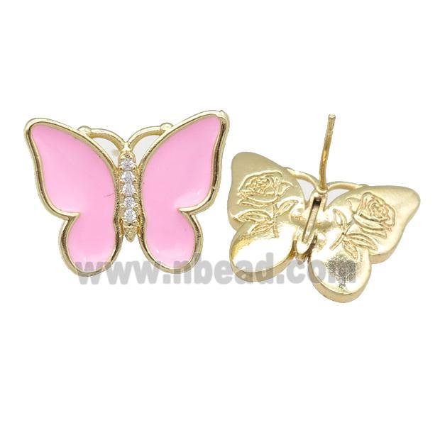 copper butterfly Stud Earring with pink enamel, gold plated
