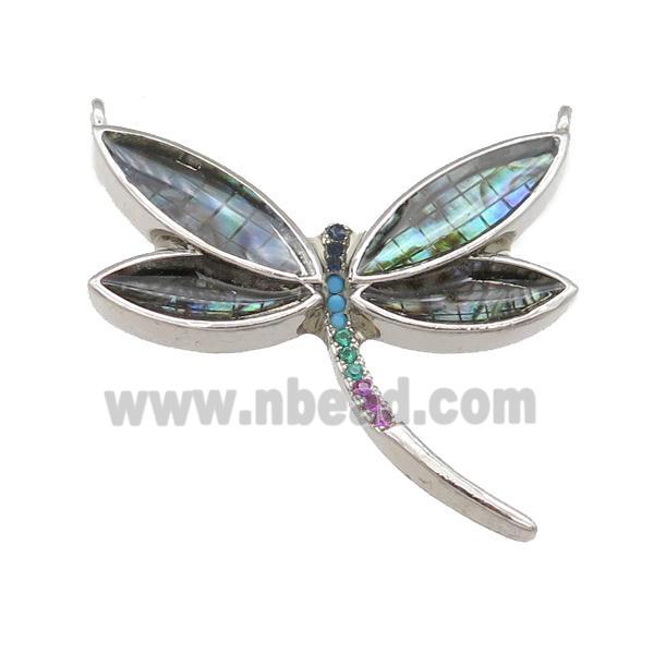 copper Dragonfly pendant pave zircon, abalone shell, platinum plated