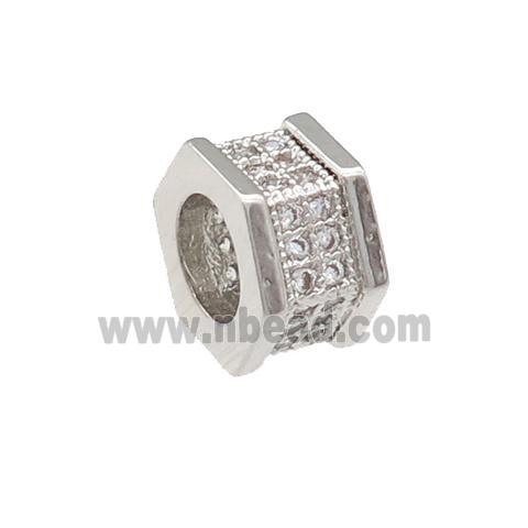 copper hexagon beads pave zircon, large hole, platinum plated