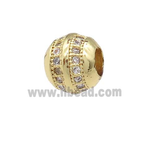 copper barrel beads pave zircon, large hole, gold plated