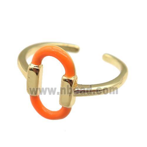 copper Ring with orange enamel oval, gold plated