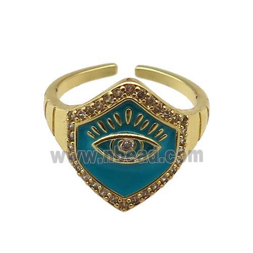 copper Ring with teal enamel, eye, gold plated