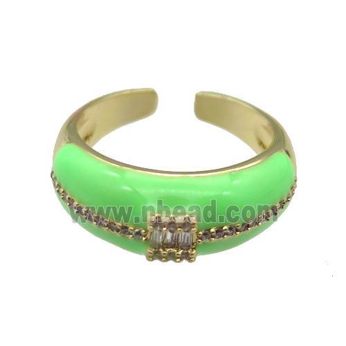 copper Ring pave zircon with green enamel, gold plated