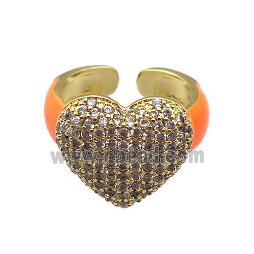 copper Ring paved zircon with orange enamel, heart, gold plated