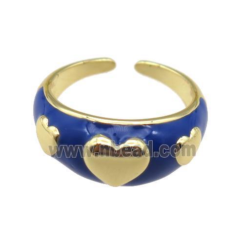 copper Ring with navyblue enamel, heart, gold plated