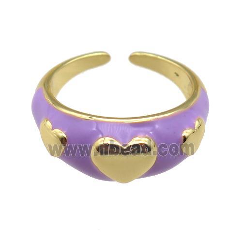 copper Ring with lavender enamel, heart, gold plated