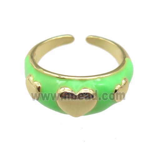copper Ring with green enamel, heart, gold plated