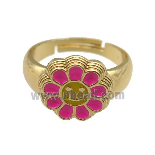 copper Ring with hotpink enamel daisy, adjustable, gold plated