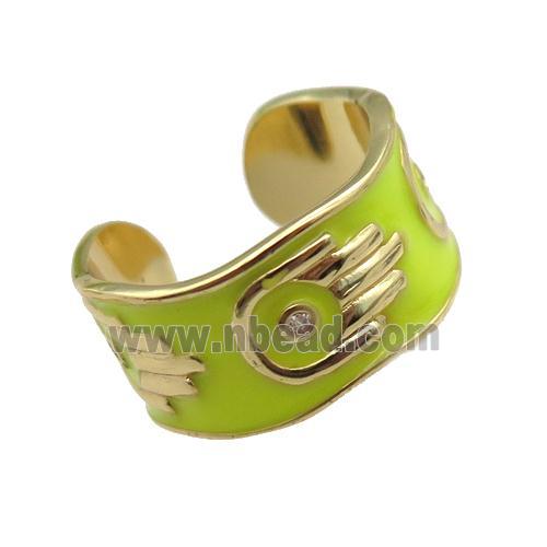 copper Ring with yellow enamel, hand, gold plated