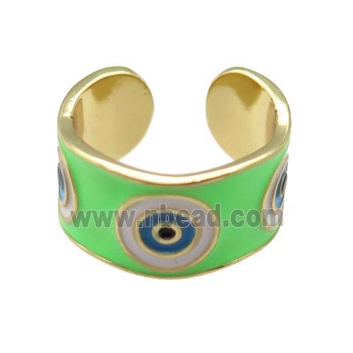 copper Ring with green enamel, evil eye, gold plated