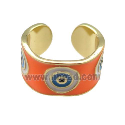 copper Ring with orange enamel, evil eye, gold plated