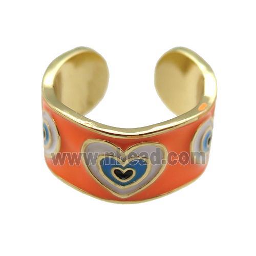 copper Ring with orange enamel, heart, gold plated