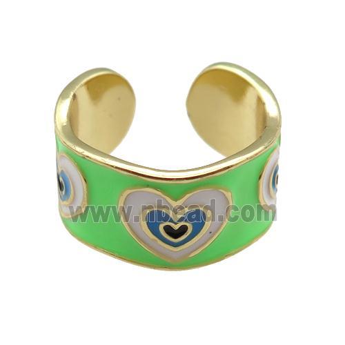 copper Ring with green enamel, heart, gold plated