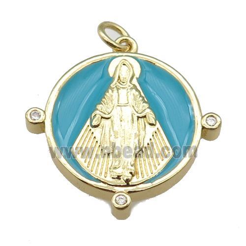 copper Pendant with Virgin Mary, teal enamel, gold plated