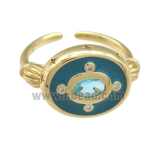 copper Rings with teal enamel, gold plated