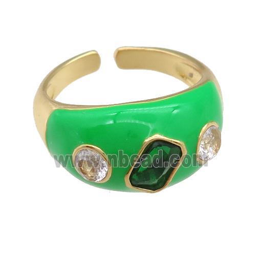 copper Rings paved zircon with green enamel, gold plated