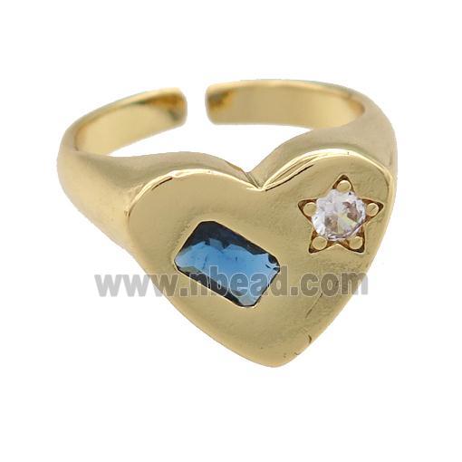 copper Heart Ring paved blue zircon, gold plated