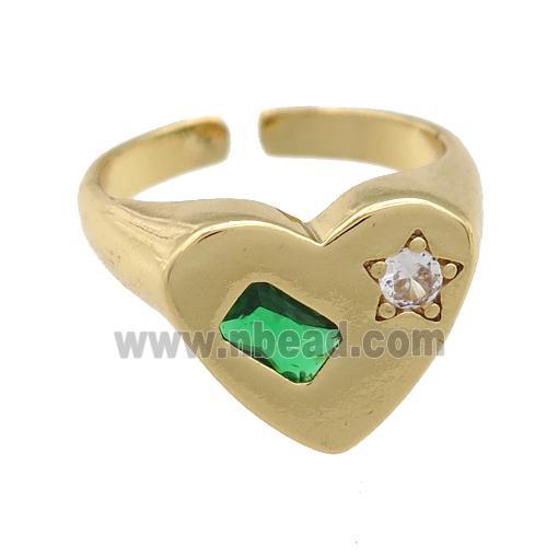 copper Heart Ring paved green zircon, gold plated