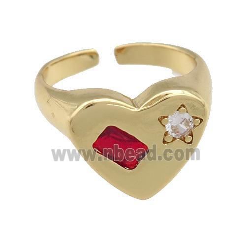 copper Heart Ring paved red zircon, gold plated