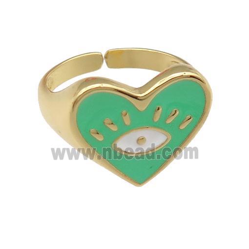copper Ring with green enamel heart, gold plated