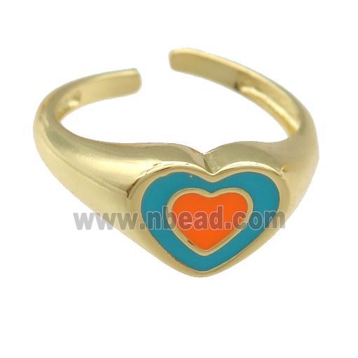 copper Ring with orange enamel heart, gold plated