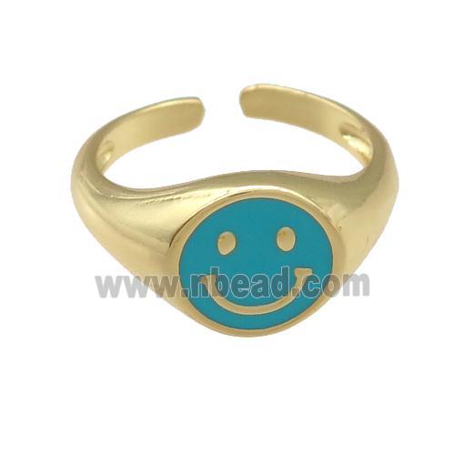 copper Ring with teal enamel emoji, gold plated