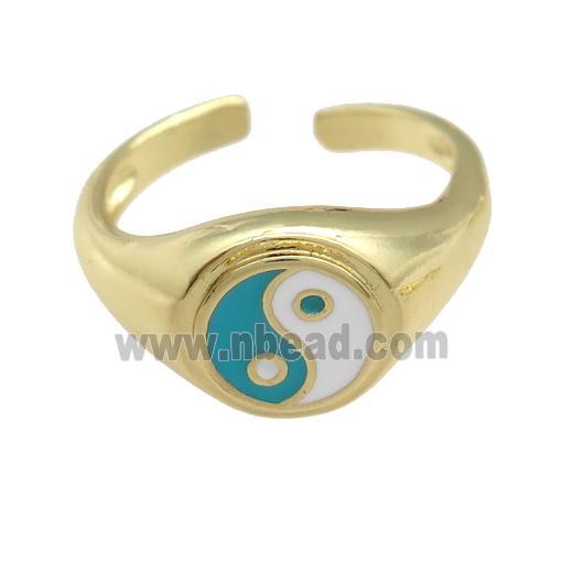 copper Ring with teal enamel taichi, gold plated