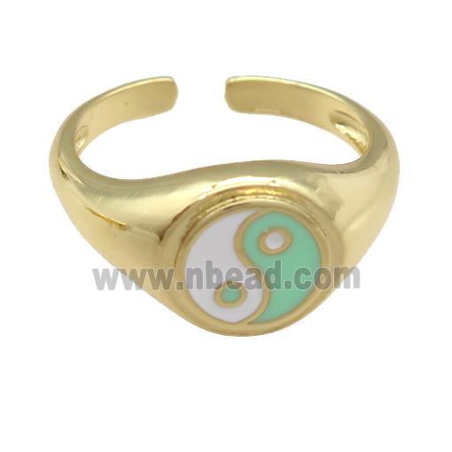 copper Ring with green enamel taichi, gold plated