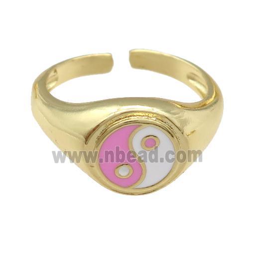 copper Ring with pink enamel taichi, gold plated