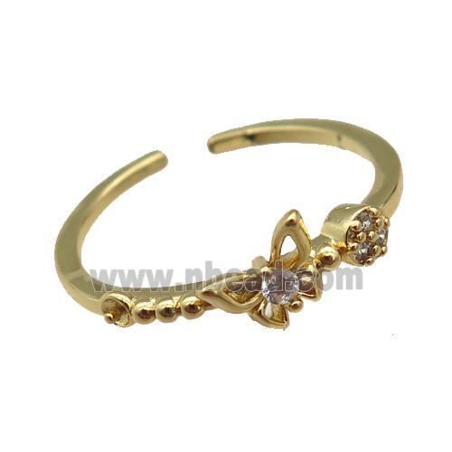 copper Ring paved zircon with butterfly, gold plated