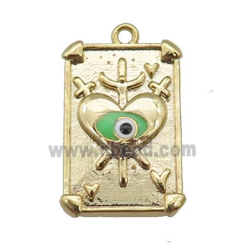 copper Tarot Card pendant with green enamel eye, sword, gold plated